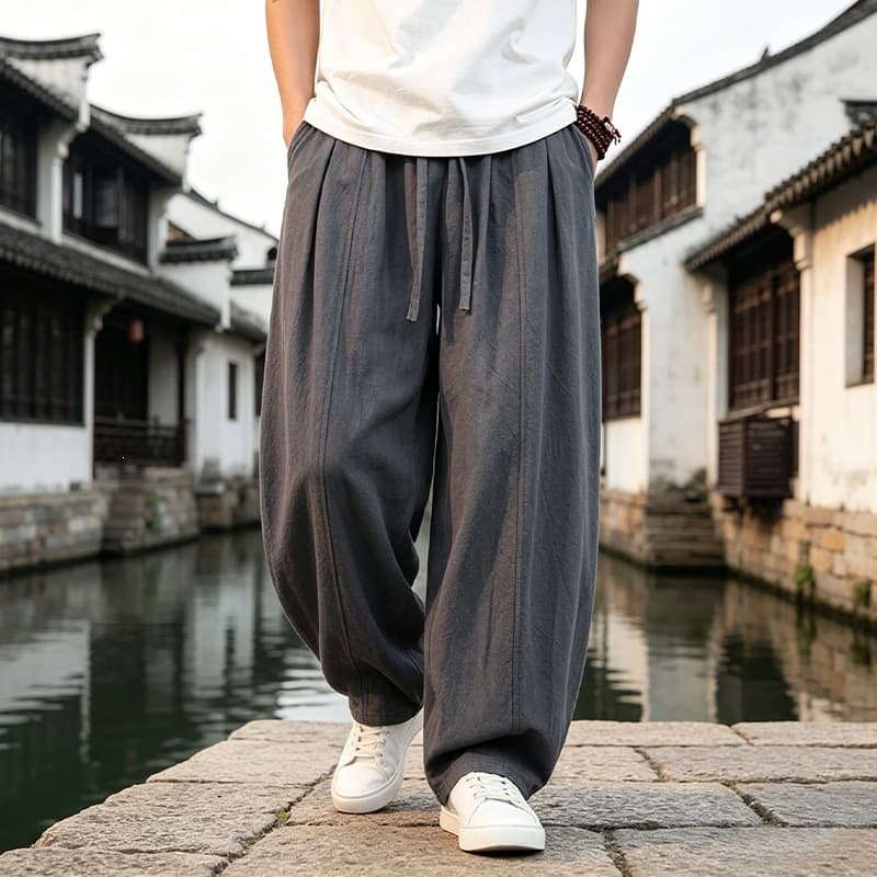 Zen New Chinese Style Linen Pants for Men, Loose Wide-Leg Trousers with Thin Cotton and Linen Drawstrings, Elastic Waist, Chinese Style Casual Pants
