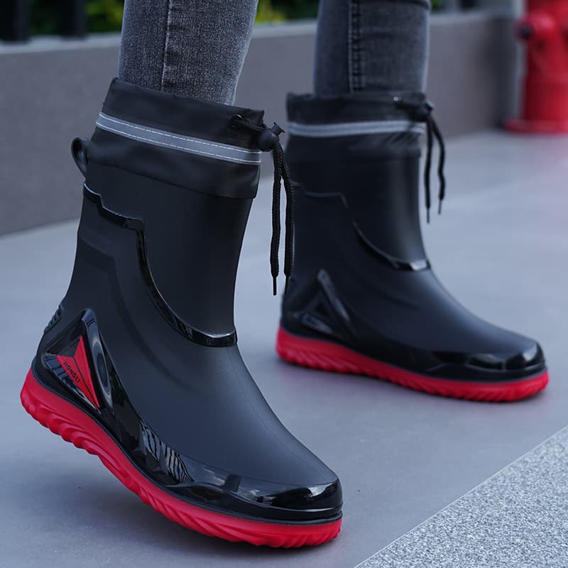 Men's rain shoes with cuff, new waterproof shoes, outdoor water boots, kitchen anti-slip work rubber shoes, fleece-lined cotton warm rain boots