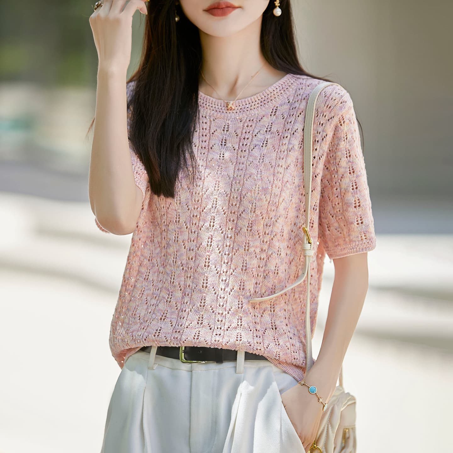 New Summer Sequin Knit Short-Sleeve T-Shirt for Women, Plus Size, Hollow-Out, Lightweight, High-End Feel