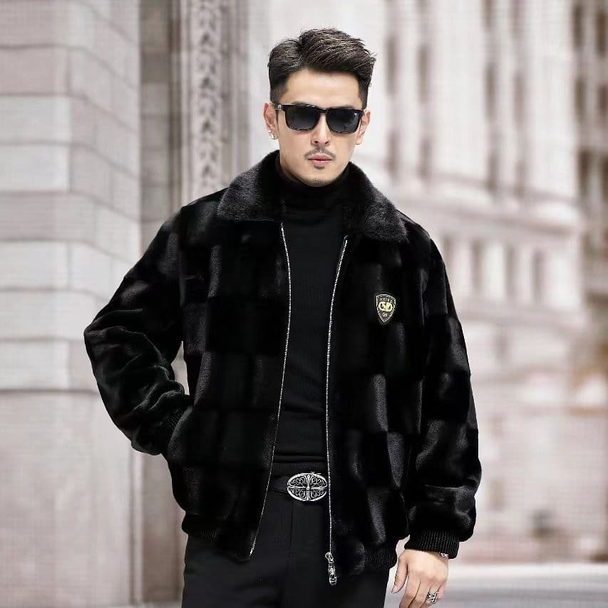 Mink Overcoat Men Bao Jiamei Mink Whole Mink Fur Haining Leather Jacket Winter Turn-Down Collar Jacket Fur Coat Golden Mink