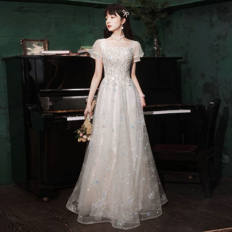 2026 New Student Graduation Evening Gown Short Sleeve Long Sequin Dress Women Simple Vocal Art Exam Evening Dress
