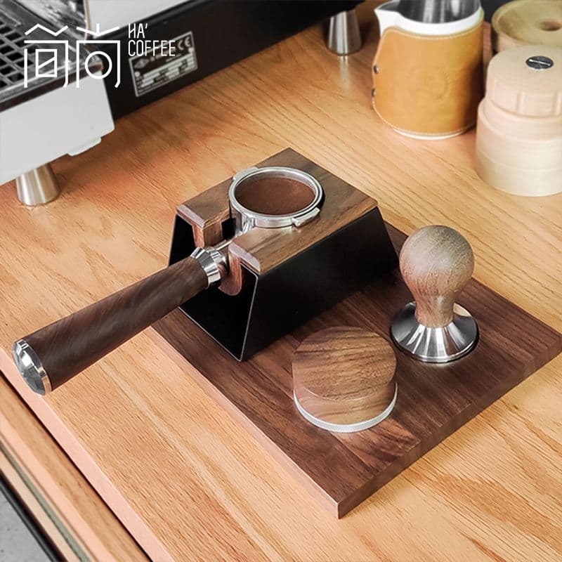 Three-in-One Walnut Coffee Tamper Station Espresso Machine Portafilter Holder 58mm Bar Counter Trapezoidal Storage Rack