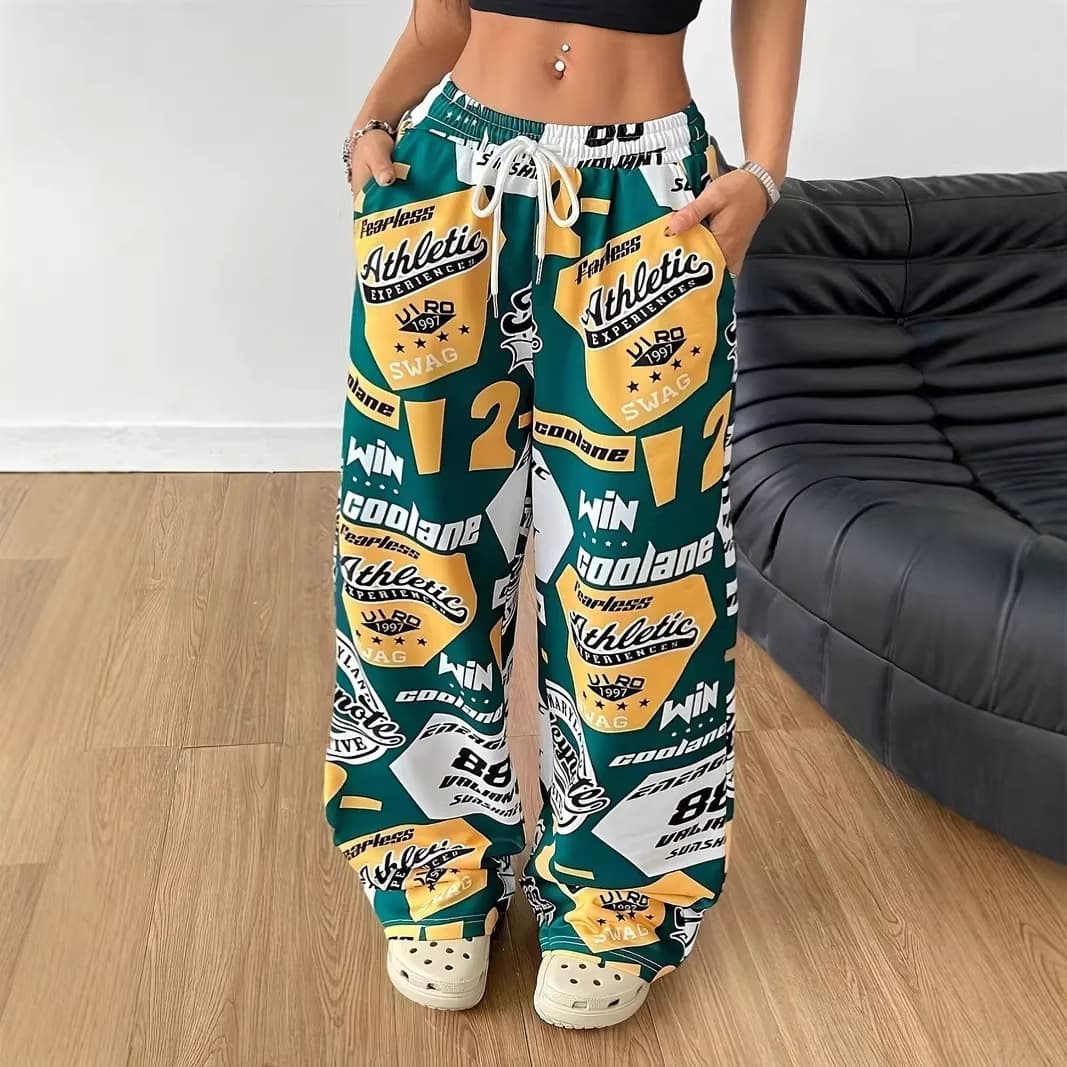 2025 Cross-border European and American Fall/Winter Women's New Trendy Street Print Loose Casual High-Waist Pants with Pockets