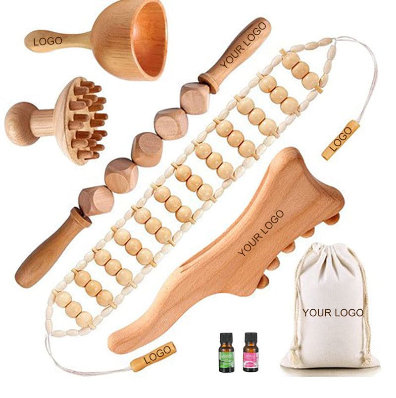 Cross-Border Massage 6-Piece Wooden Therapy Massage Tool Set Wooden Gua Sha Roller Stick Lymphatic Drainage Tool