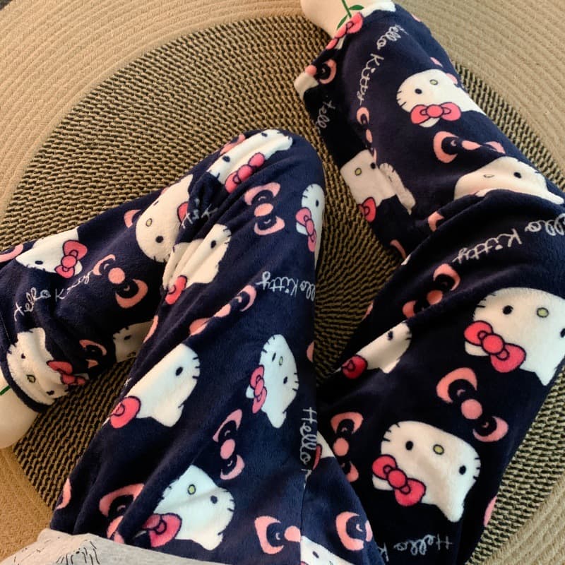 Cute Cartoon Hello Kitty Sleep Pants Women's Autumn Winter Flannel Coral Fleece Pants Casual Home Walking Pants