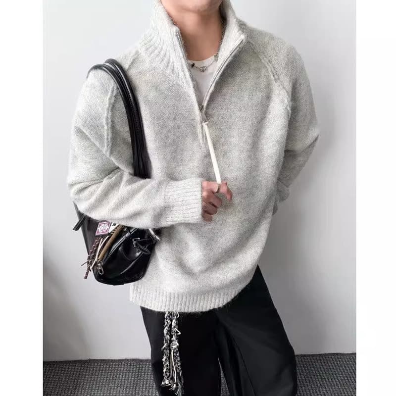 Stand-up collar sweater, loop yarn sweater, semi-relaxed ancient wool money-style double zipper knitted blend