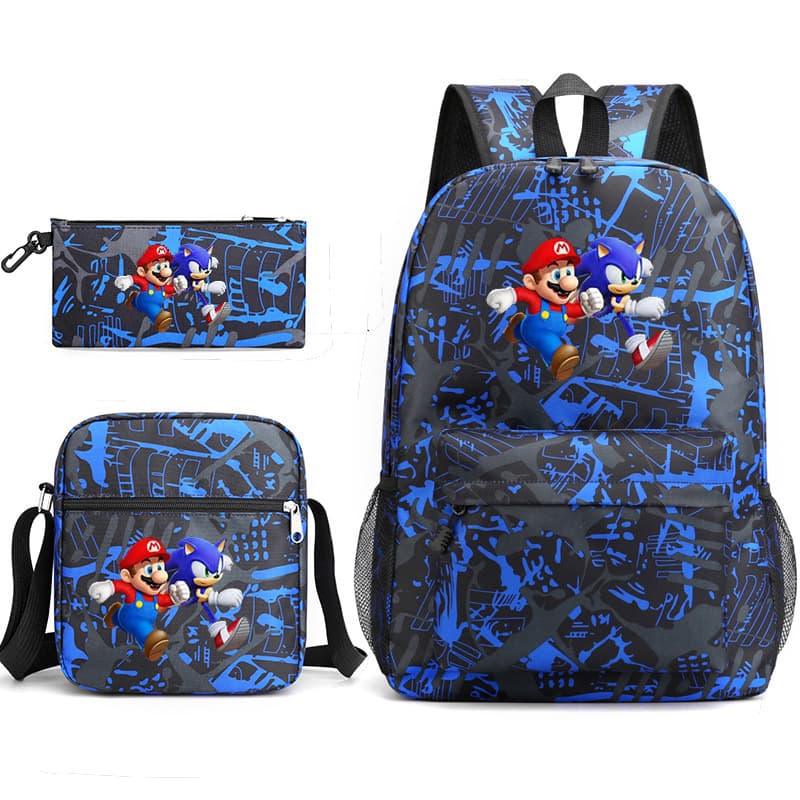 Sonic Mario Cartoon Pattern Backpack Set - Student Schoolbag, Small Shoulder Bag, Pencil Case 3-Piece Set