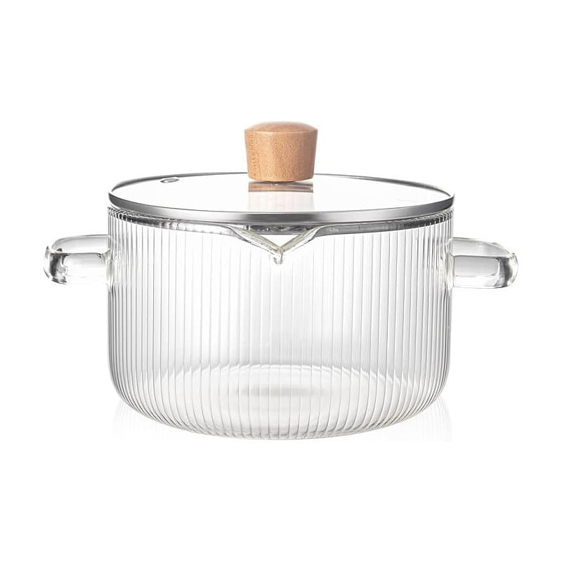 Wooden Bead Lid Large Capacity High Temperature Resistant Instant Noodle Pot Pressed Spout Borosilicate Glass Pot Vertical Stripe Double Handle Pot Uncoated Pot