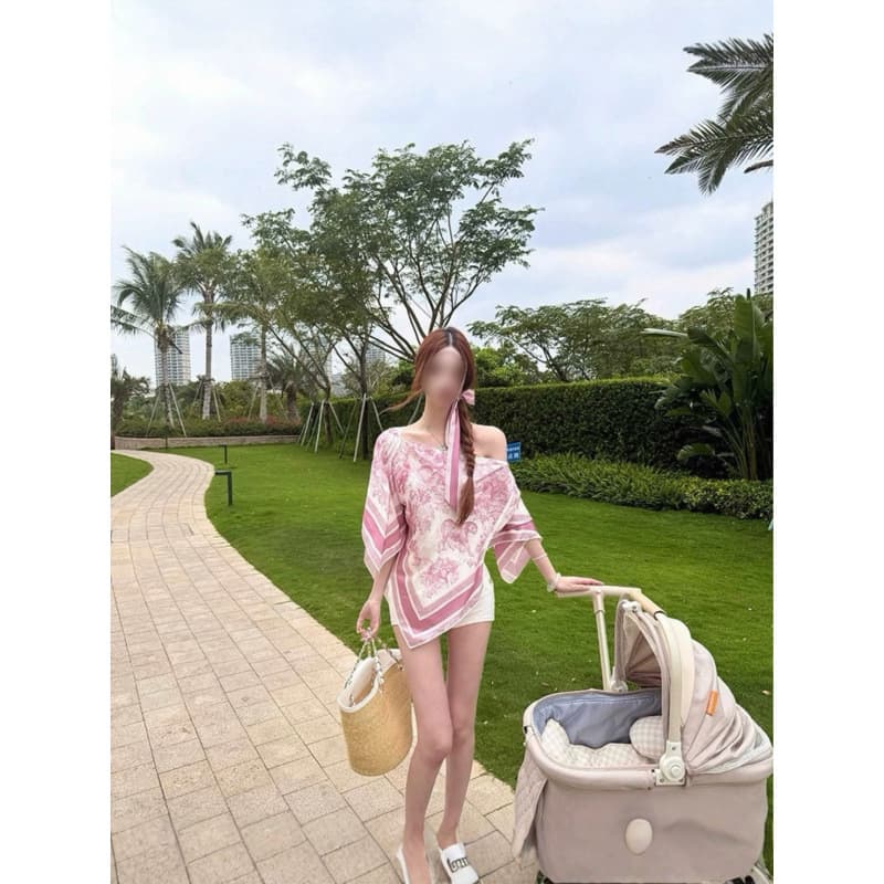 Nanyou Women's 2026 Summer New Pink and White Animal Print High-End Scarf-Style Top