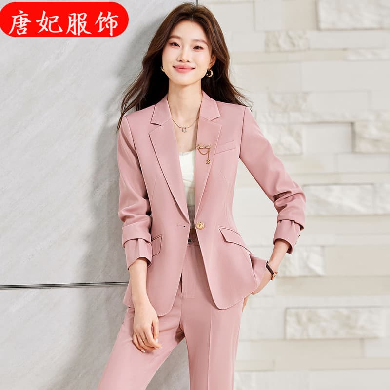 Women's Pink Blazer and Pants Set, Two-Piece Suit, Long-Sleeve Professional Outfit for Spring, Autumn, and Winter, Export Trade