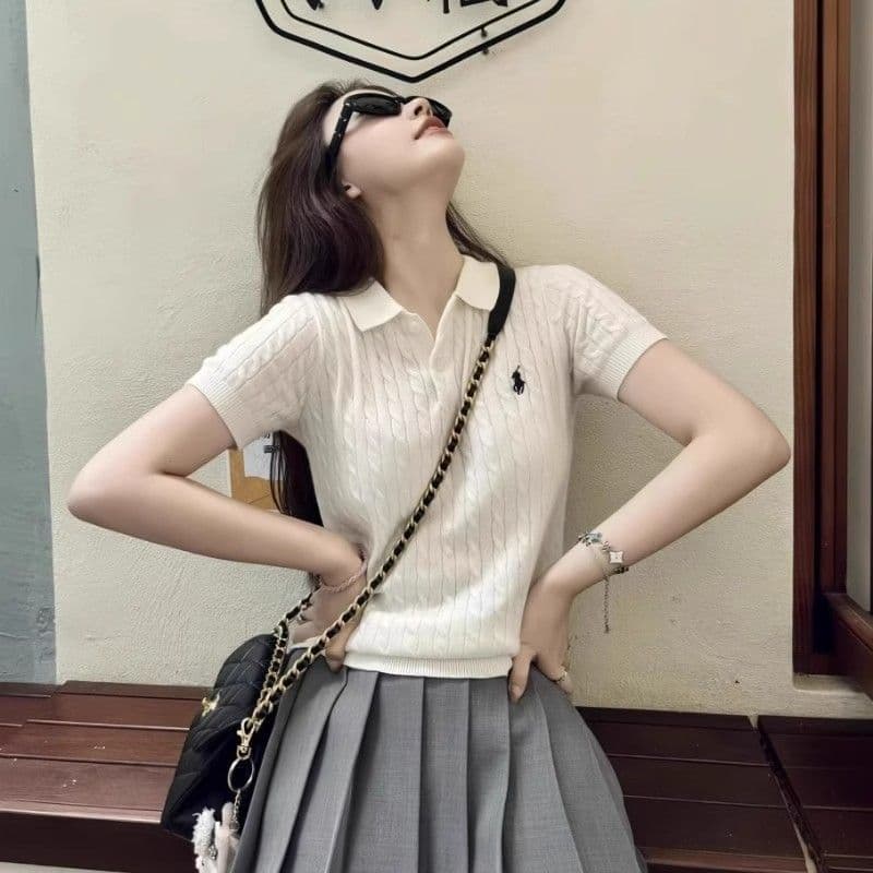 Unique Polo Collar T-Shirt for Women, Exquisite Cable Knit Short Sleeve Summer French Embroidery Design Top