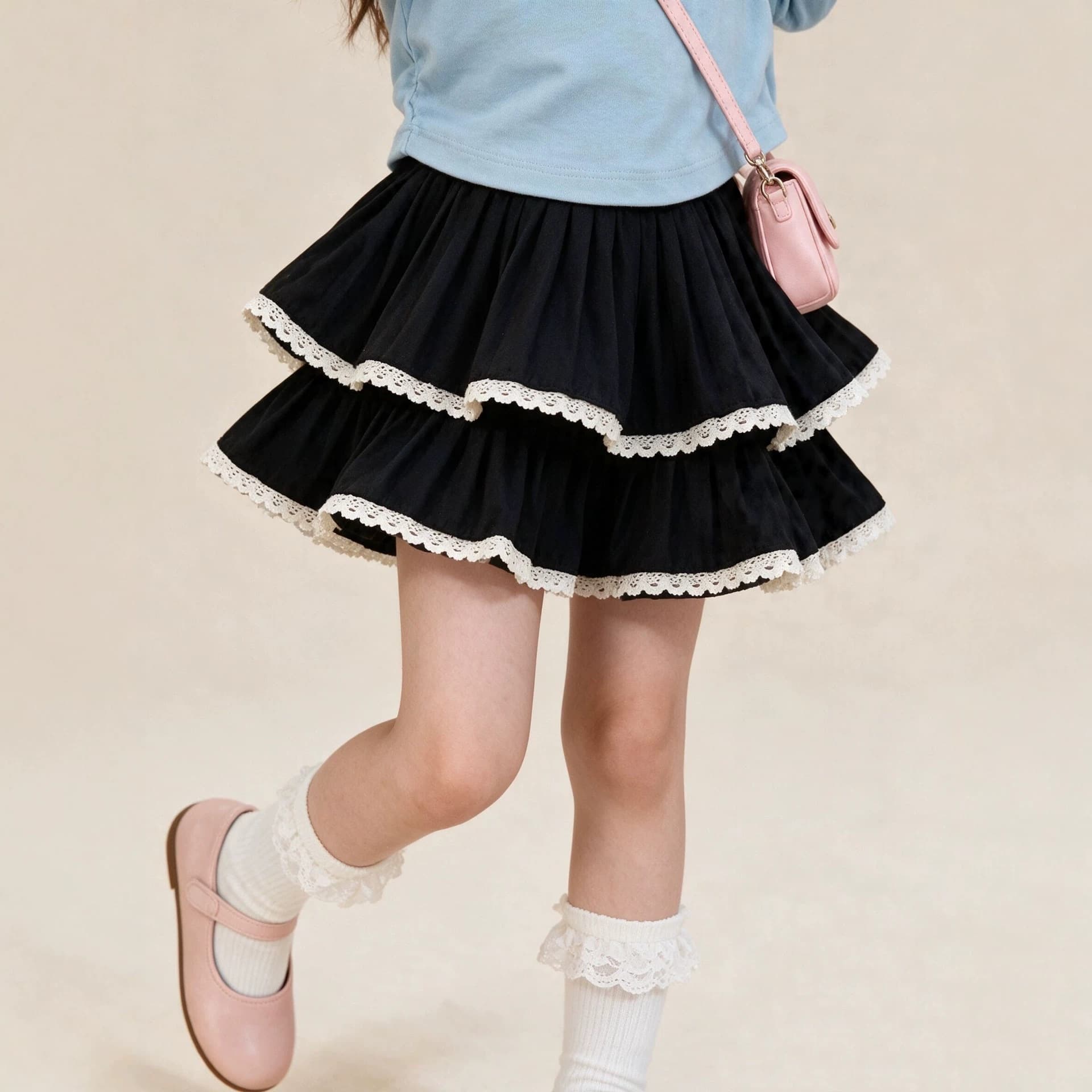 Girls skirt children's fluffy cake skirt lace 2026 summer new pleated short skirt pants for big children black