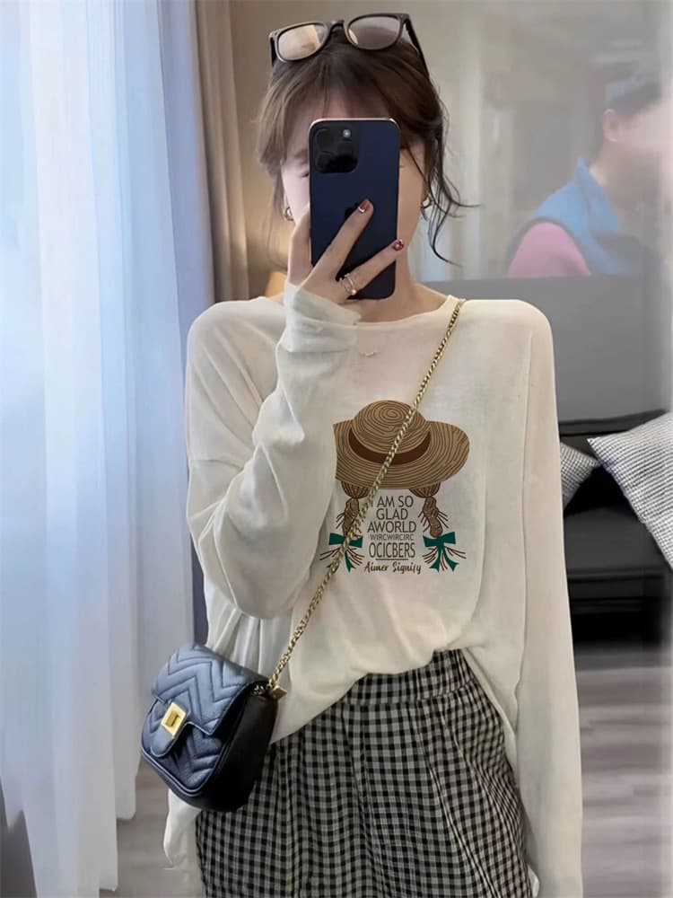 Crew Neck Snowflake Cotton Regular Shoulder Long Sleeve T-Shirt Women 2026 New Fashion Stylish Age-Reducing Top Base Layer Shirt for Summer and Autumn