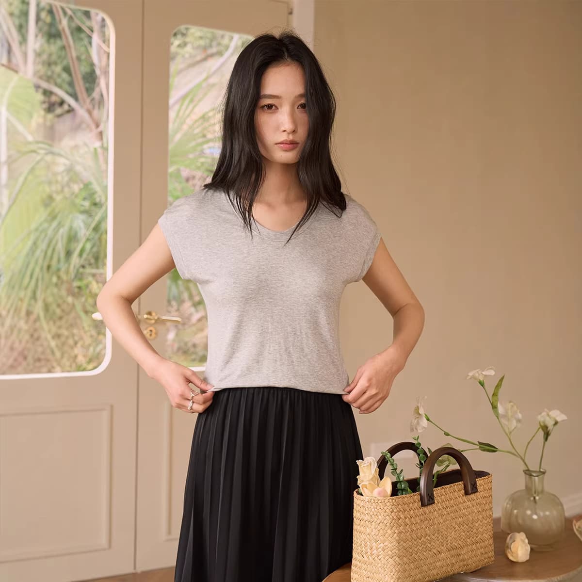 Summer silk wool short-sleeved T-shirt for women Tencel modal oval face bottoming shirt slimming off-shoulder top