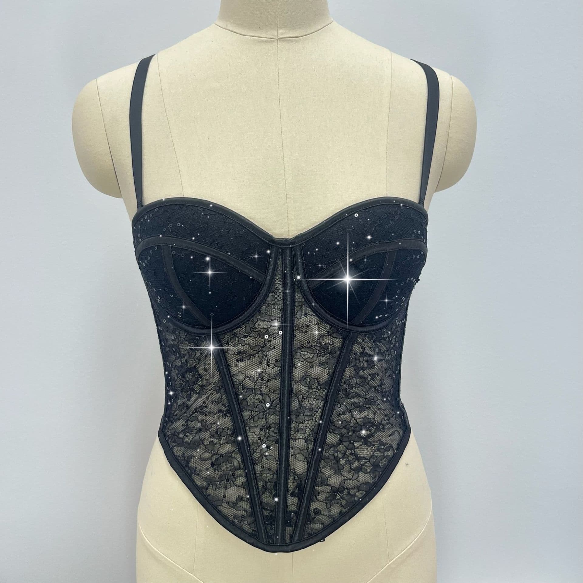 European and American Women's Slimming Sexy See-Through Mesh with Sequins Breathable Shaping Boned Corset Bustier Vest-Style Bra