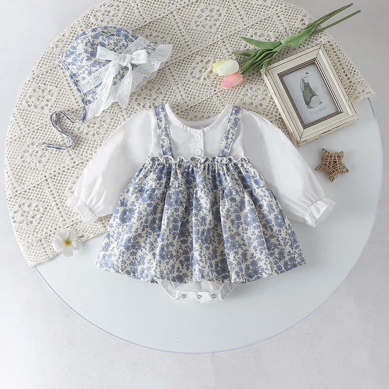 ins spring and autumn baby clothes small floral suspenders fake two-piece triangle princess dress baby long-sleeved romper dress
