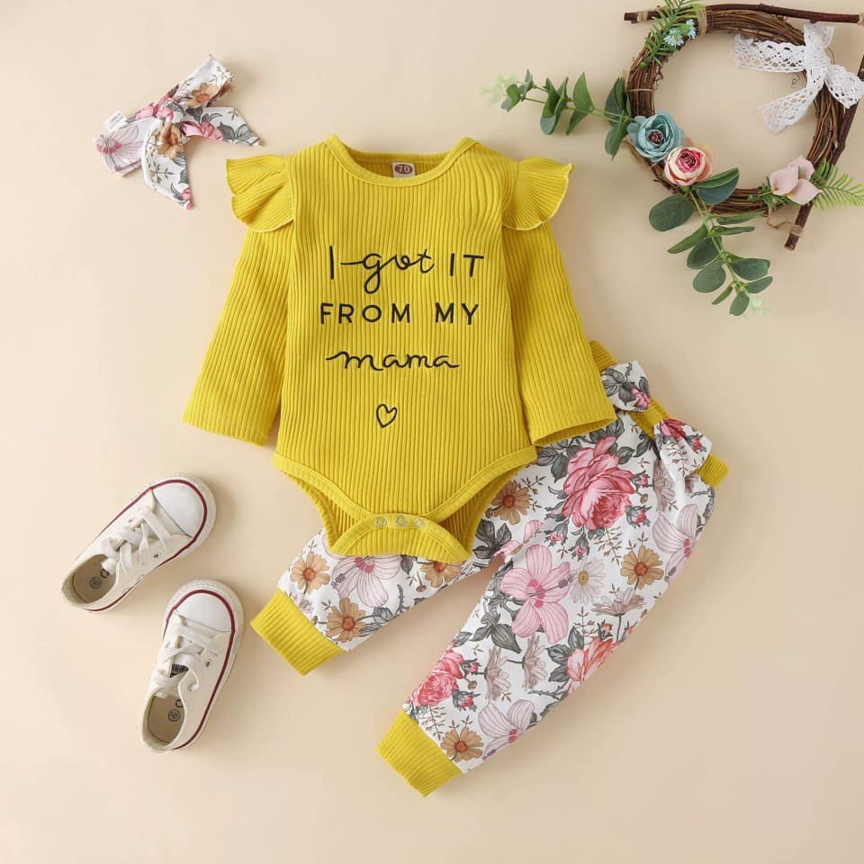 2023 Amazon Newborn Baby Girl Clothing Long Sleeve Ruffle Romper Floral Pants Headband Set