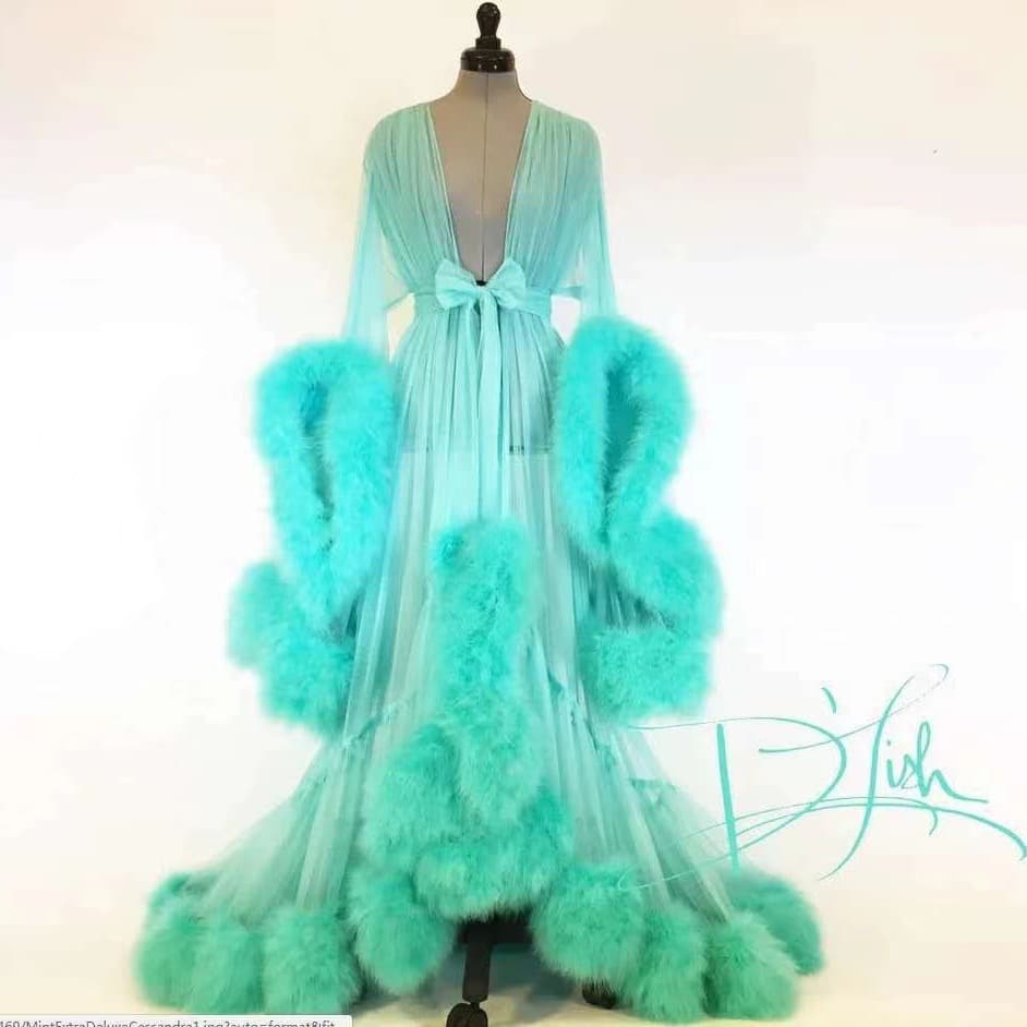 Factory Wholesale Women's Sheer Sexy Lingerie Feather Flared Sleeve Train Long Dress Transparent Tempting Nightgown