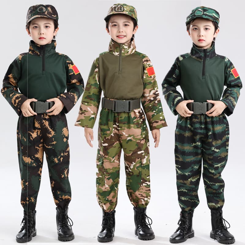 Boys' Camouflage Suit Set Summer Short Sleeve Frog Suit Student Military Training Kindergarten Summer Camp Outdoor Training Uniform