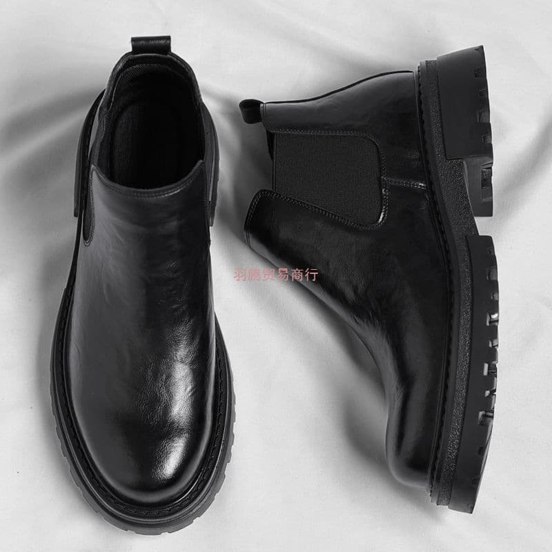New winter Chelsea boots, slip-on style, thick-soled, round-toe, fleece-lined, warm, high-top, British style black men's boots.