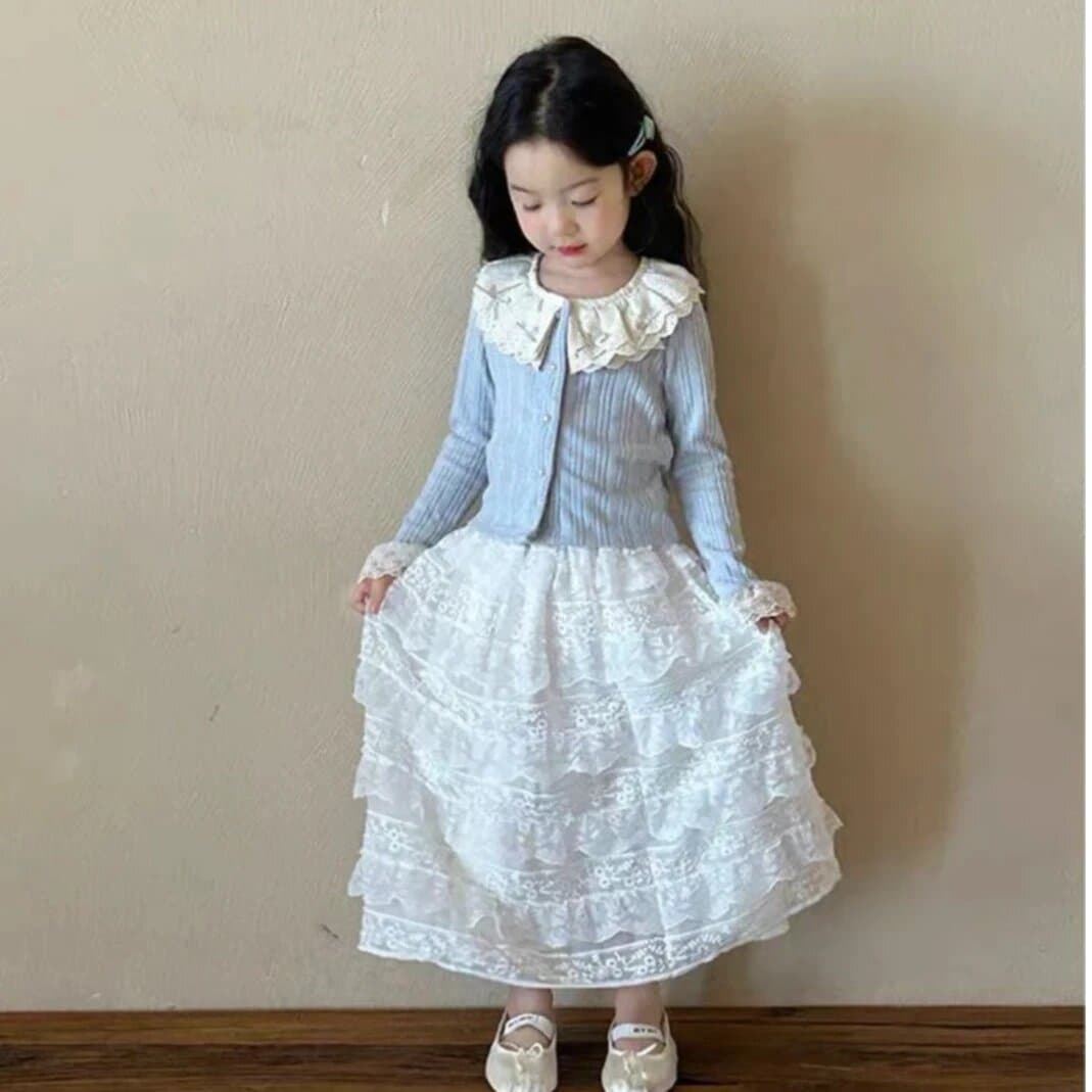 Girls Korean Suit 2026 New Style Children's Cardigan Jacket Top Lace Long Skirt Two-piece Set Wholesale