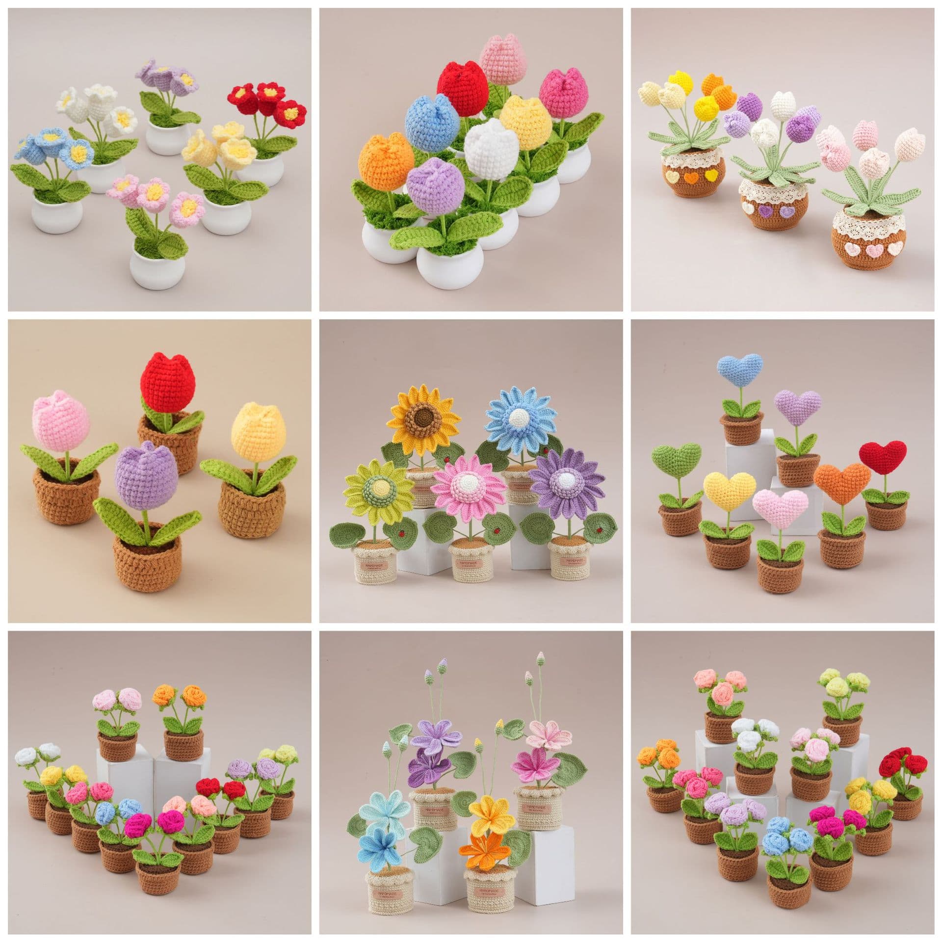 Amazon Finished Small Potted Crocheted Simulated Flower Plants Gift Decoration Hand-Knitted Artificial Flower Potted Plant