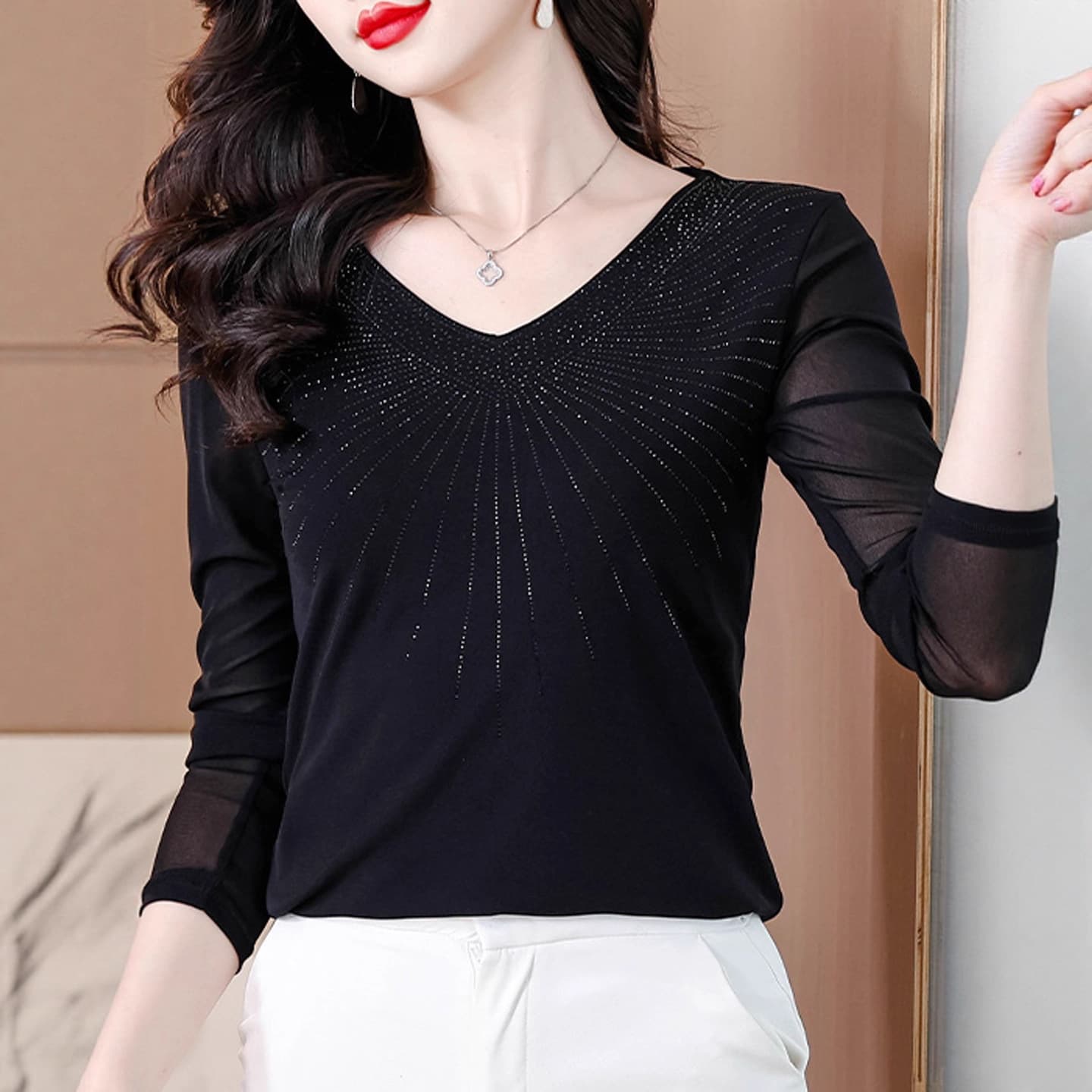 V-Neck Base Shirt for Women, Autumn 2025 New Style, Long-Sleeve Top, Fashionable Rhinestone Mesh T-Shirt, Trendy Blouse