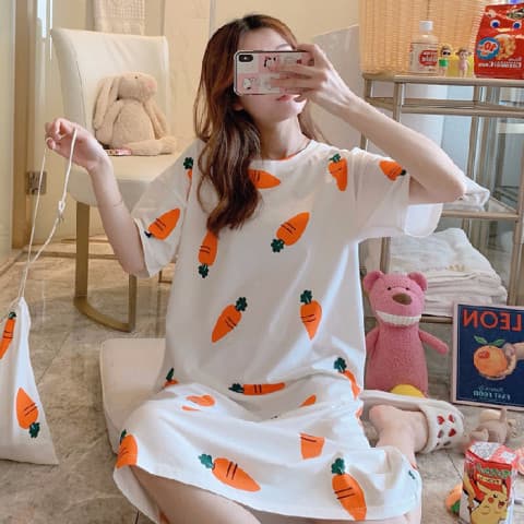 Women's Summer Sleep Dress Korean Sweet Cute Pocket Sleep Dress Women's Net Red Style Short Sleeve Plus Size Homewear