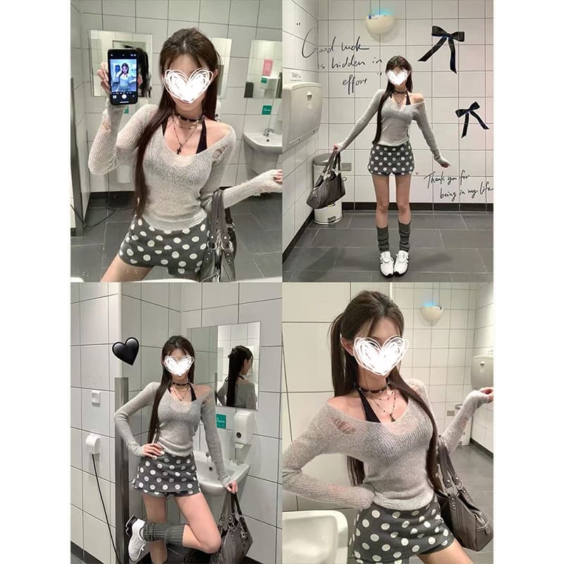 Moses Queen Korean High-Waist Polka Dot Gray Skirt Shorts Summer Slimming Versatile Half Skirt for Women