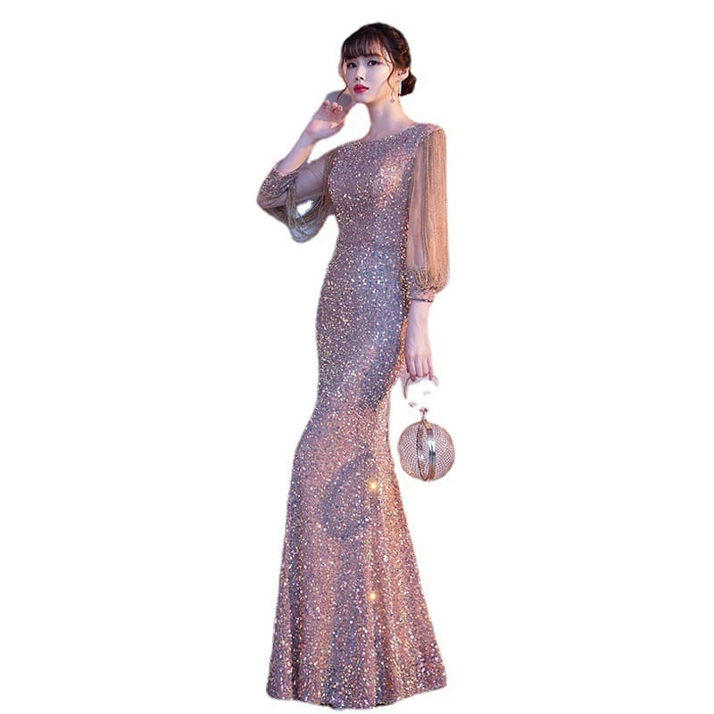 Yuwei Annual Gown Women 2026 Summer New Elegant Sequin Dress Host Long Banquet Dress