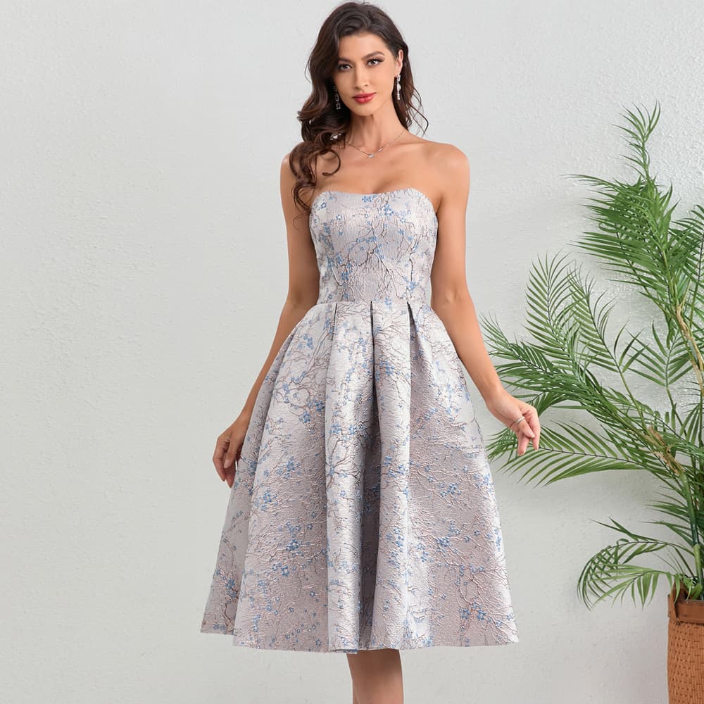 Cross-border Amazon Strapless Short Dress National Style 3D Brocade Satin Puffy Skirt New Fashion Prom Dress