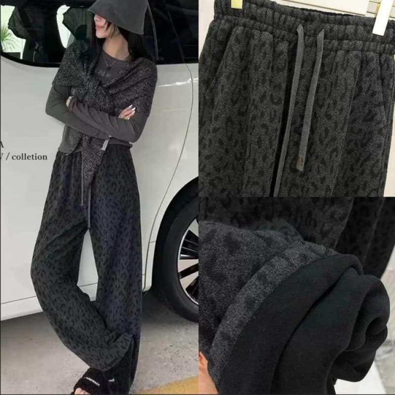 [Regular/Fleece Style] Velvet Thickened Leopard Print Casual Pants Women's Autumn and Winter High Waist Slimming Wide Leg Pants