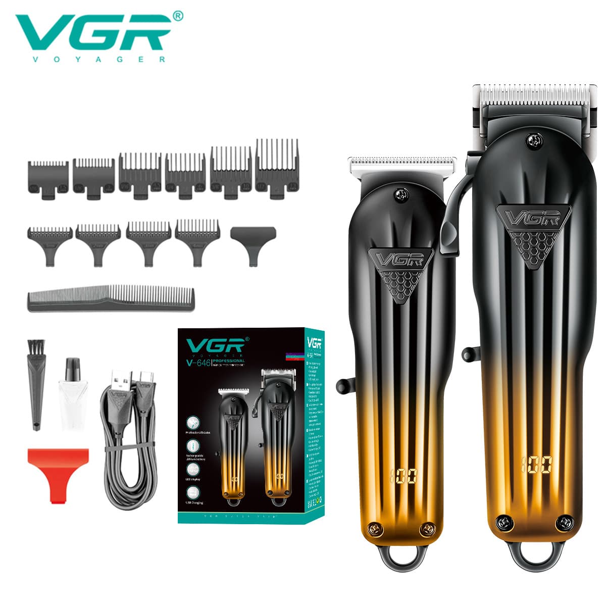 VGR646 New Cross-border Smart Digital Display Oil Head Hair Clipper for Barbershop and Home Use, Electric Hair Trimmer Set
