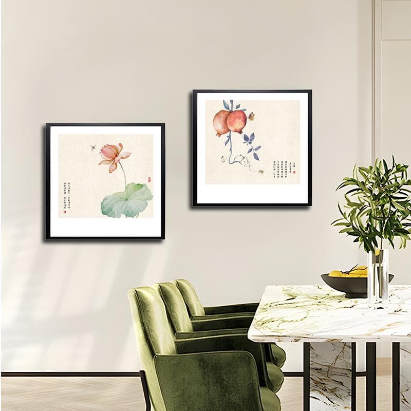 Chinese Small Two-Panel Painting, Desk Bedroom Living Room Background Decor, Wooden Frame Dining Room Mural Flower 40x40