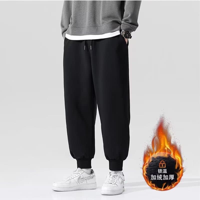 Simple Solid Color Fleece Lined Drawstring Waist Men's Sport Pants Casual Loose Fit Winter Warm Grey Student Style Long Trousers