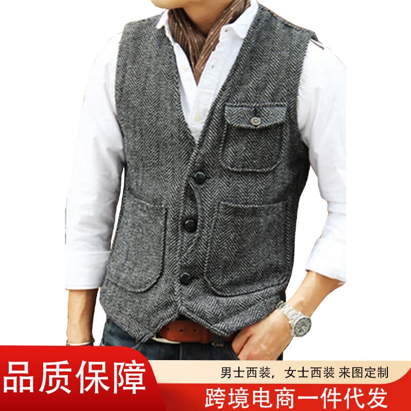 Amazon Hot Selling New Men's Casual Fashion Vest, American Retro Tweed Suit Vest Factory Stock