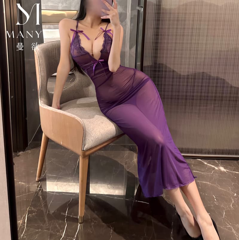 Man's Desire Lingerie Lace Mesh Enchanting Body Long Dress Sexy Pure Desire Ditch Perspective Temptation Nightdress 9395