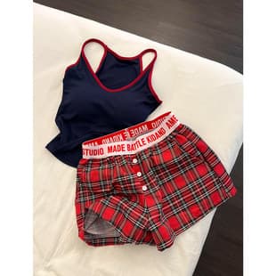 American Retro Camisole Sleepwear with Padded Bra for Women Summer New Wearable Outdoors Pure Sweet Style Plaid Loungewear Set