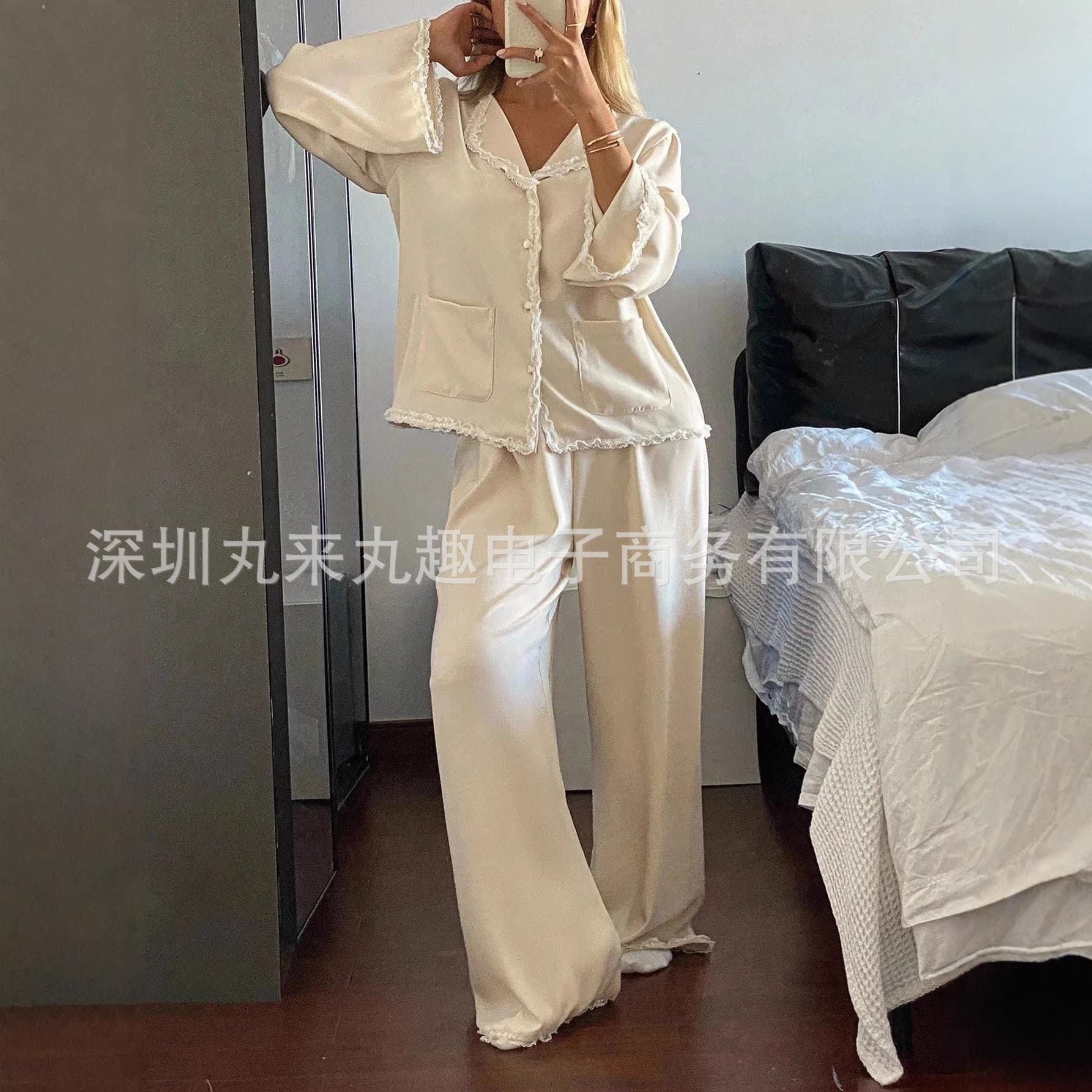 French Court Style Silk-Like Pajamas for Women Spring Autumn Solid Color Comfortable Casual Pocket Homewear Lace Set