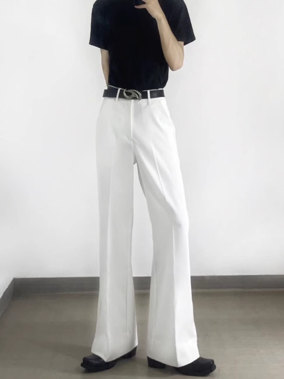 Niche high street vibe style slit slightly flared trousers for men in spring and autumn high-end stacked floor-length trousers