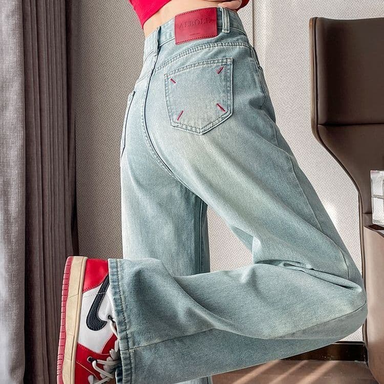 High-waisted slimming narrow version light-colored wide-leg jeans for women spring and autumn glacier blue embroidered loose large size fat mm straight pants