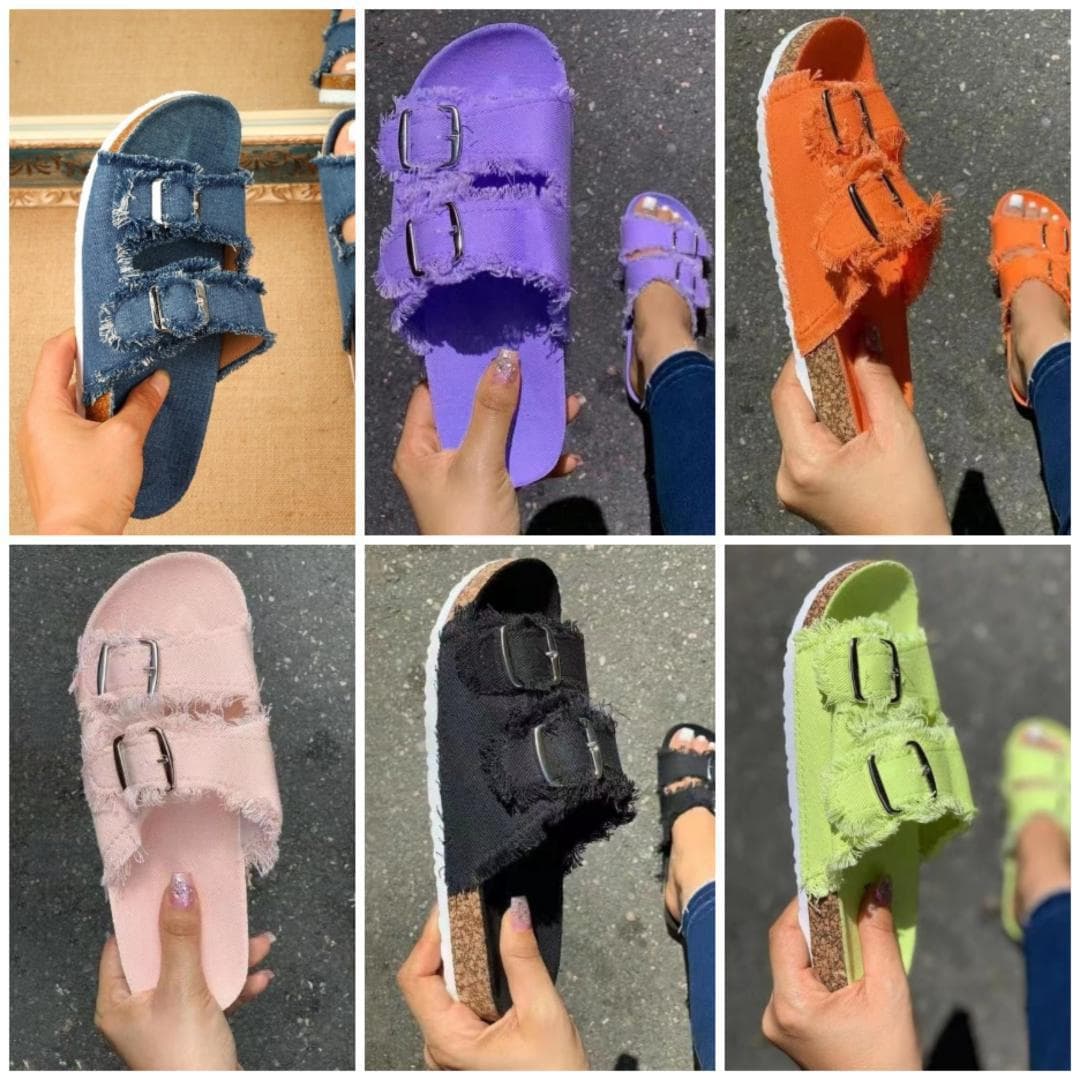 Women's Denim Slippers - European and American Export Style Double-Breasted Flat Sandals