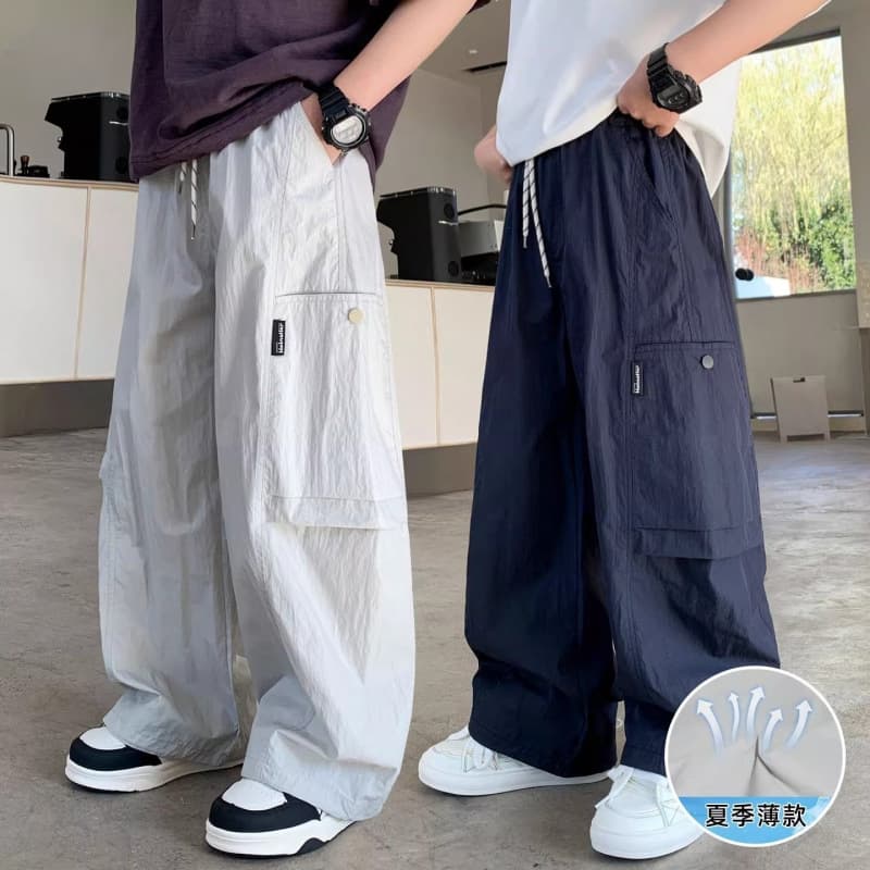 Boys Summer Cargo Pants Thin Trendy Loose Straight-Leg Casual Pants Middle and Teen Quick-Dry Sports Long Pants Streetwear