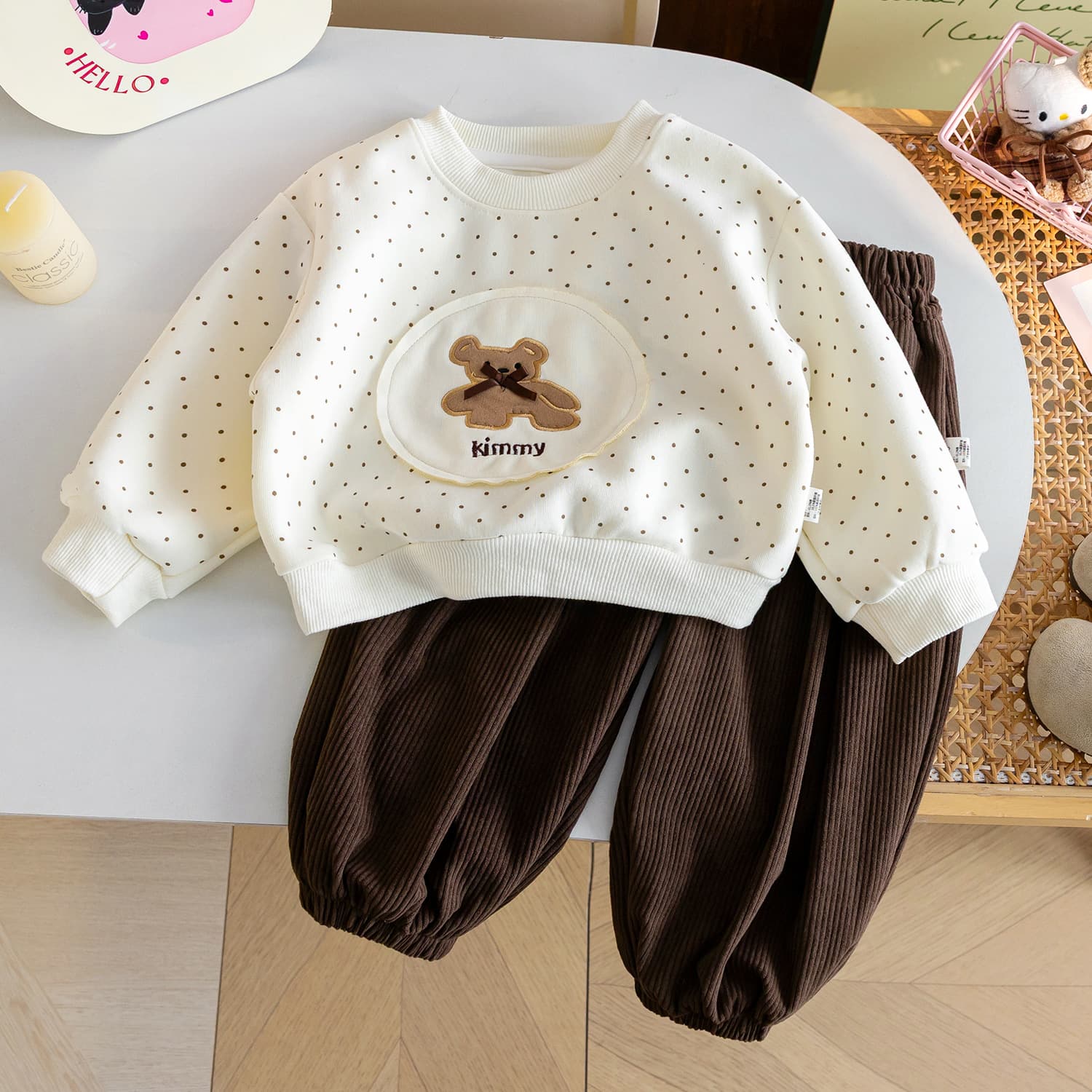 Girls Cartoon Polka Dot Set 2026 Autumn New Stylish Casual Applique Sweatshirt with Ribbed Ankle Pants, 2-Piece Outfit