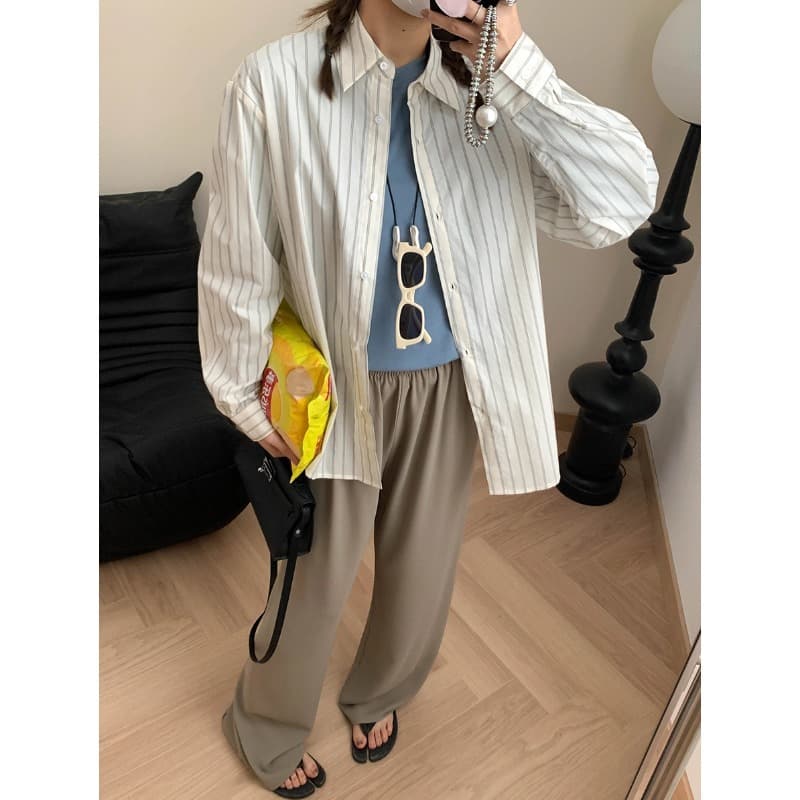 Moqie Early Spring New Style Fashion Blogger Vibe Notched Collar Vertical Stripe Loose Cotton Long Sleeve Shirt MQ0339