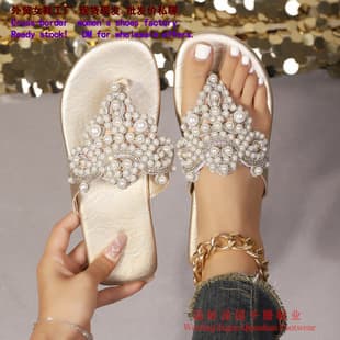 Sandals Pearl Toe-Post Flip Flops Cross-Border Beach Shoes Flat Sole Wedge Heel