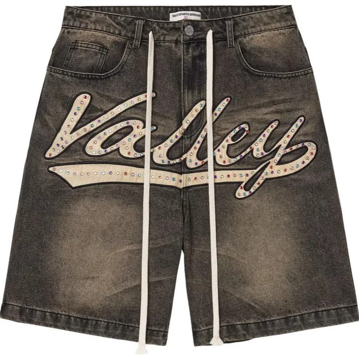 Vale Forever Valley trendy clothing men's American retro high street lettering hot diamond denim shorts