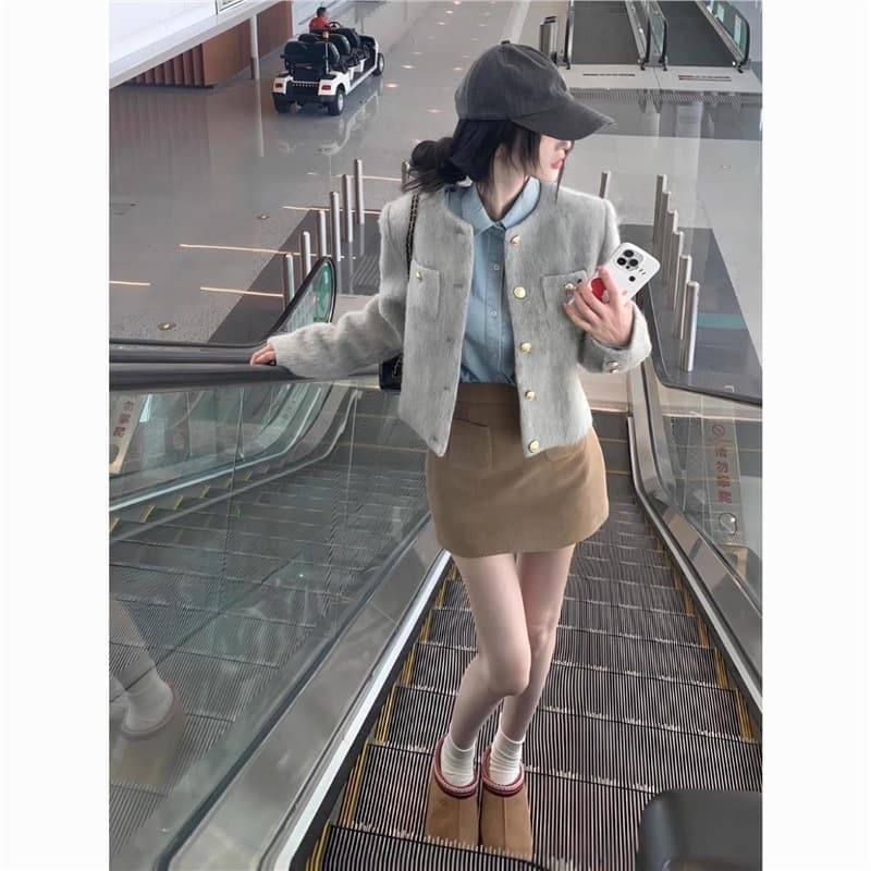 Three-piece women's autumn/winter new style sweet and spicy Korean style wool coat, long-sleeved shirt, high-waisted slimming skirt