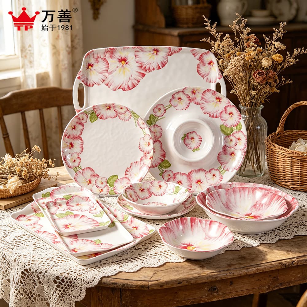 Creative Melamine Bowl Plate Set Pink Flower Tray Fruit Snack Dip Plate Custom