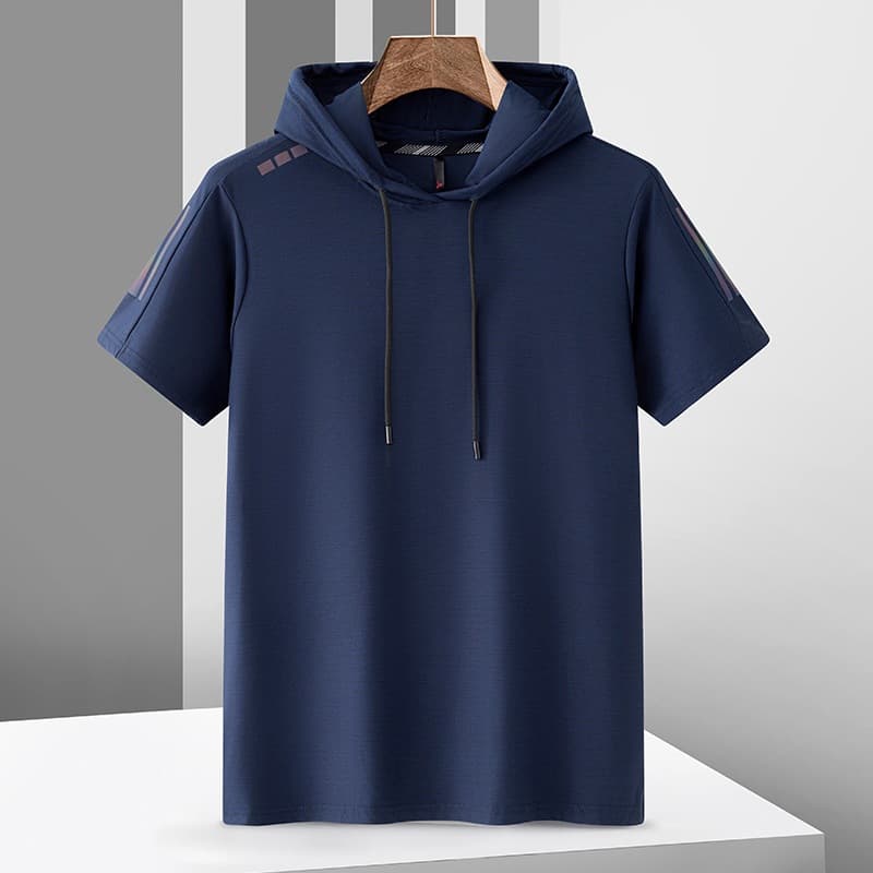 Summer Ice Silk Short-Sleeved T-Shirt for Men, Trendy Brand Solid Color Sports Loose T-Shirt, Student Top with Drawstring Hooded Short Top